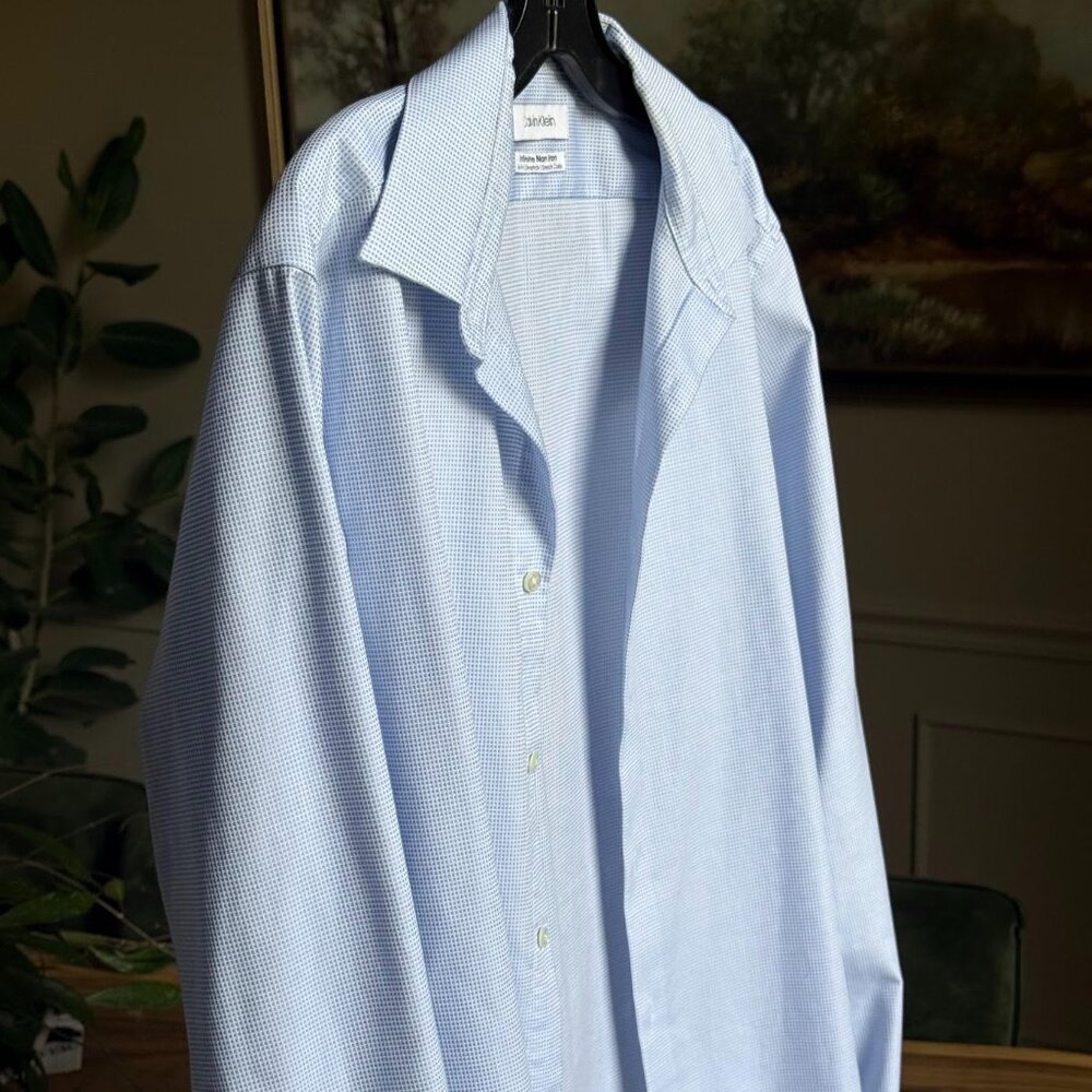 Calvin Klein Infinite Non-Iron Slim Fit Dress Shirt 16 34/35 Blue Micro Check St
